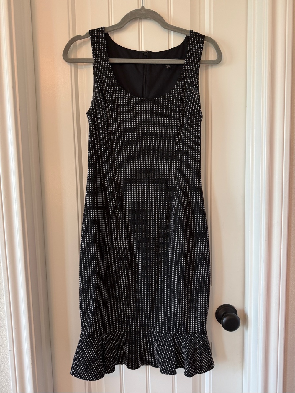 White House Black Market Black Dress with White Micro-Dot Pattern